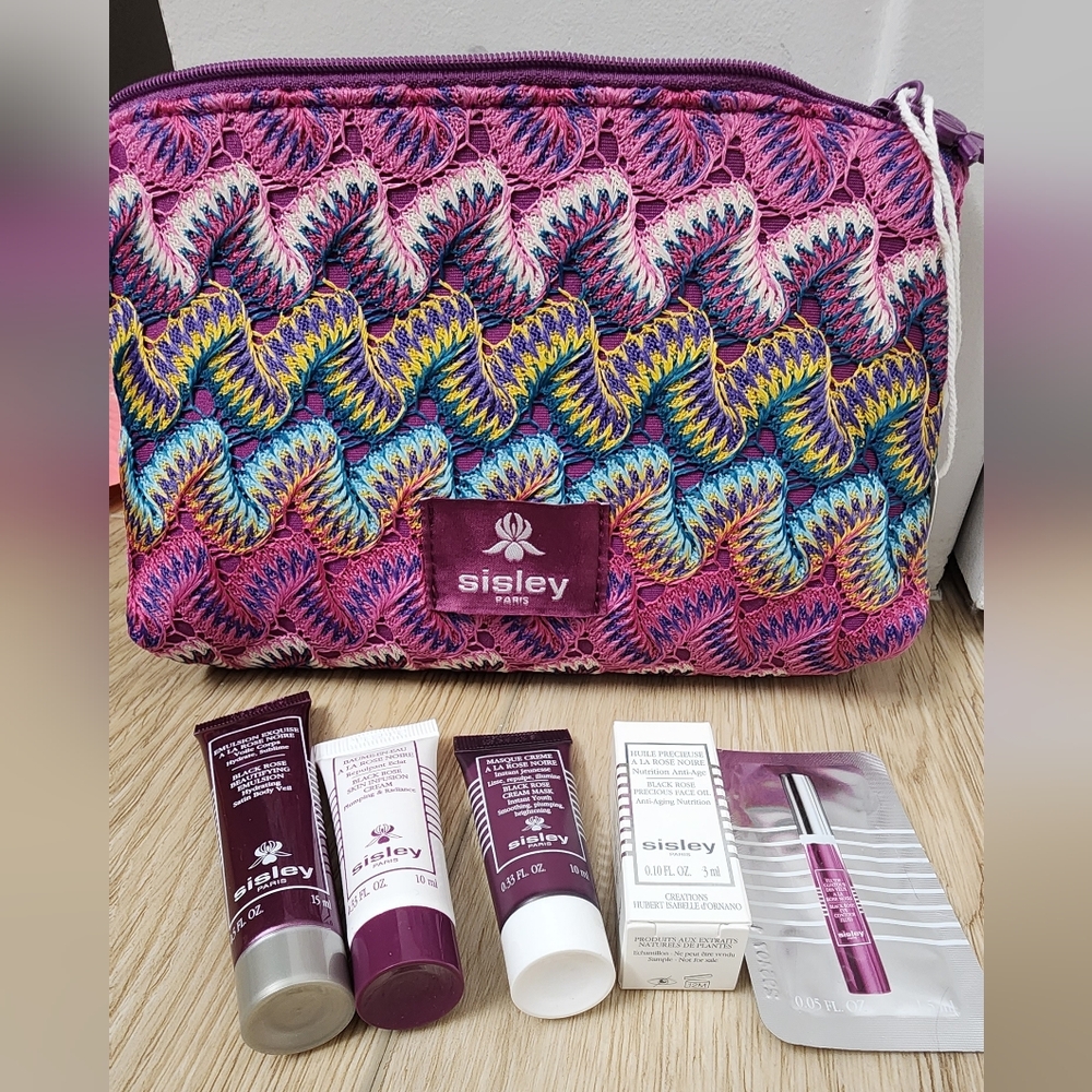 Sisley Black Rose 6 pcs Mini Travel Skin Care Set & Gift Makeup Purple Pouch New